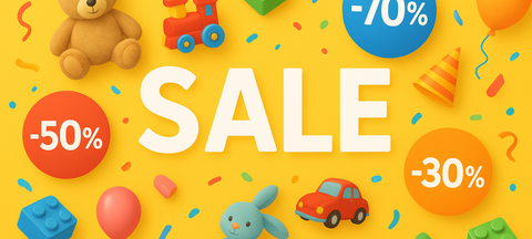 Баннер с надписью «SALE» для магазина игрушек, яркие скидки -30%, -50%, -70%, игрушки на фоне.